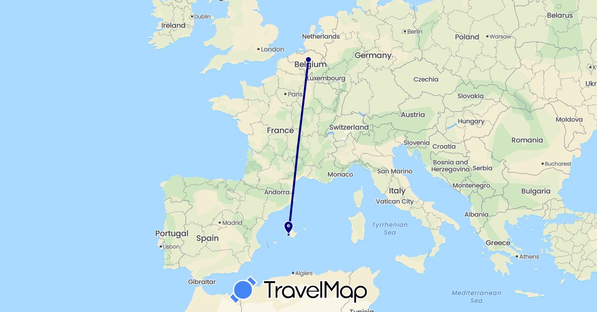 TravelMap itinerary: driving in Belgium, Spain (Europe)
